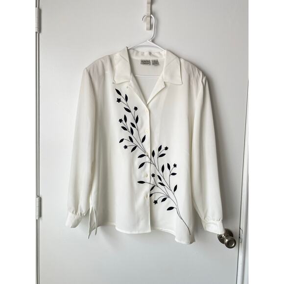 Allison Daley Blouse 16 White Black Embroidered Floral Top Minimalist Classic - Picture 1 of 9